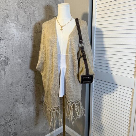 Beige Boho Open Front Cardigan with Fringe Detail - Picture 3 of 6